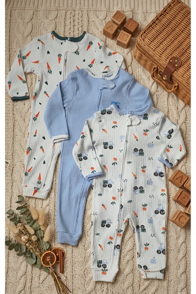 Nexvora Baby Boy Tractor Printed Zippered Jumpsuit 9-12-18 Months