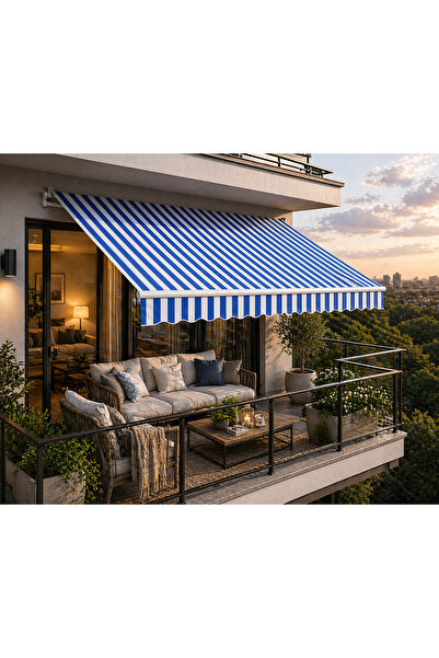 stratecht Balkon ve Bahçe Tentesi 300x200 cm Mavi Beyaz Çizgili Polyester Gün...