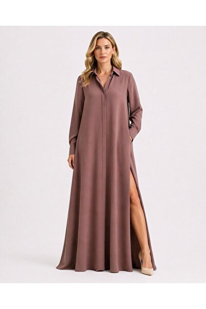 UNTIMELY A-Line Maxi Crepe Shirt Dress with Slit on the Left Side & Hidden Po...