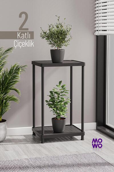 Mowo Home 2 Katlı Siyah Çiçeklik Saksılık Dekoratif Saksı Standı Balkon Teras...