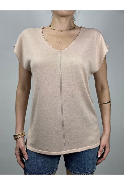 GND Πλεκτή μπλούζα από βισκόζη με λεπτομέρεια ραφής, λαιμόκοψη V και κοντά μα...