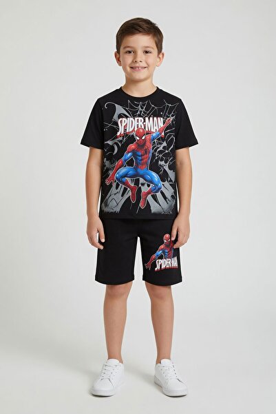 Cansın Mini Black Spider-Man Printed T-Shirt and Boy's Shorts Set 23941