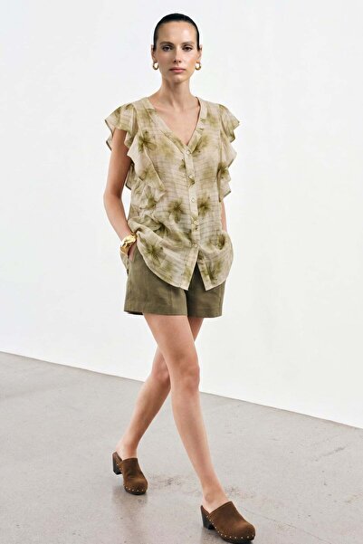 Sateen Πουκάμισο με λεπτομέρειες βολάν - Χακί