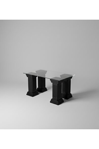 LAMAZİF Antik Sütun Ayaklı Cam Orta Sehpa 90x70 cm – 7mm Temperli Cam Üst Tab...