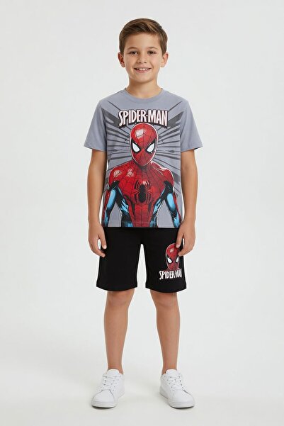 Cansın Mini Gray Spiderman Themed T-Shirt and Shorts Boys' 2-Piece Set 23960