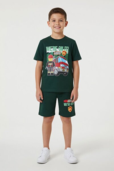 Cansın Mini Green Lego Themed Boys' T-Shirt and Shorts 2-Piece Set 23937