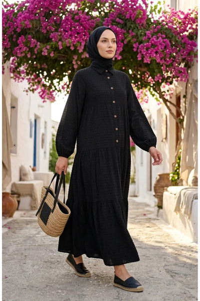 sefamerve Φόρεμα με ανάγλυφη υφή και κουμπιά 2255-04 Μαύρο