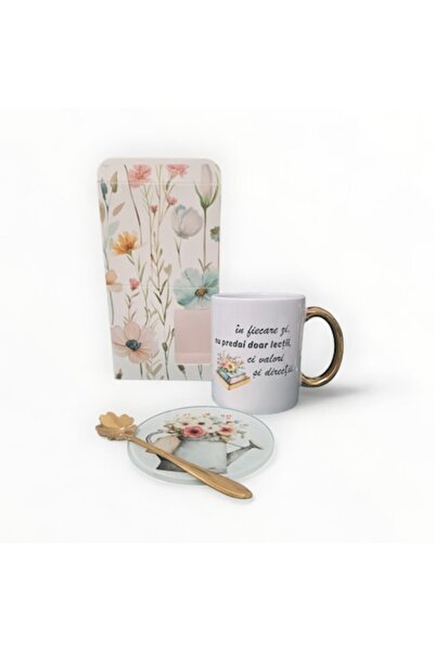 OEM Set de căni ceramice cu mâner auriu și suport de sticlă