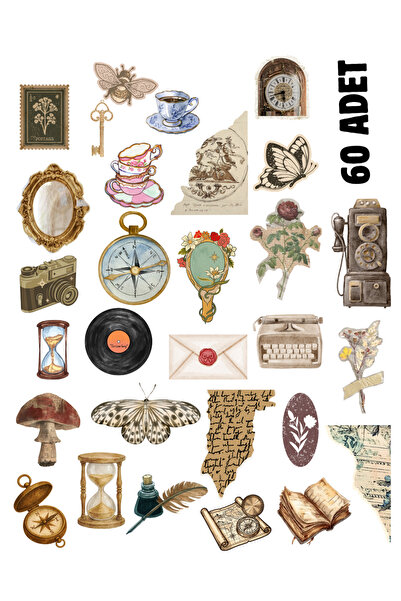 P&B COLLECTION WORKSHOP 60 Adet Vintage Temalı Sticker Seti Planner Ajanda Ar...