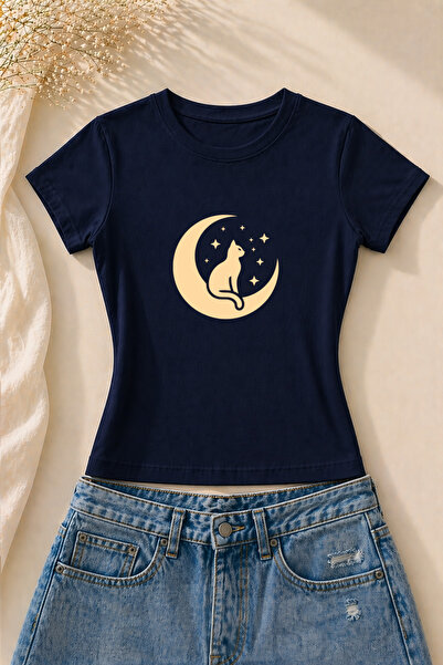 EVIus Γυναικείο κοντομάνικο μπλουζάκι Lycra με στάμπα Cat Moon