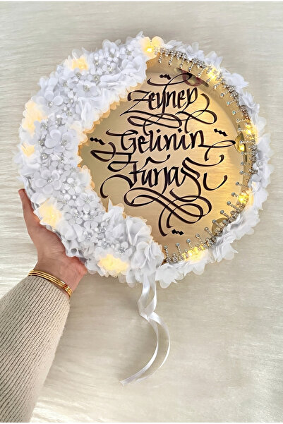 ZEYMERADE Beyaz Ledli Gelin Tefi 32cm, Lüx Aplik Çiçek Ve Parlak Taş Süslemel...