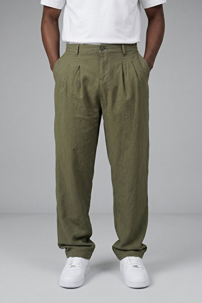 KHAYN Men's Baggy Raw Linen Fabric Pleated Buttoned Fabric Pants K2054