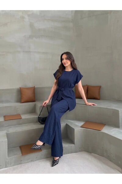 Cool & Sexy Σετ Ναυτικού Μπλε Χρώματος με Μισό Μανίκι και Κούφια Σχέδια