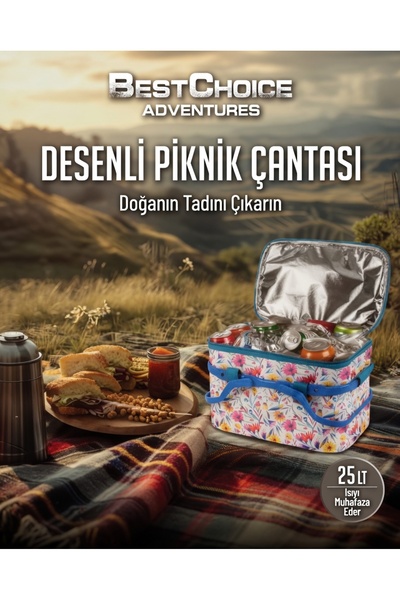Bestchoice Adventures Desenli Piknik Çantası 25 Lt Termal Soğutucu Çanta 42x2...