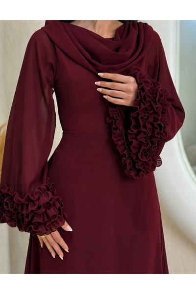 Kayla Burgundy Chiffon Dress with Cuffed Sleeves