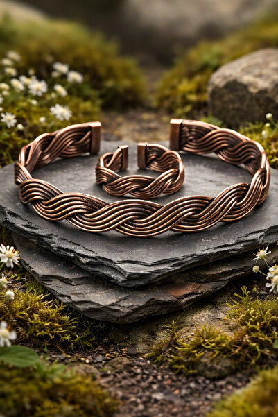 NBS Beautiful Naturel Stones Pure Copper Bracelet, Ring Set Adjustable Handcr...