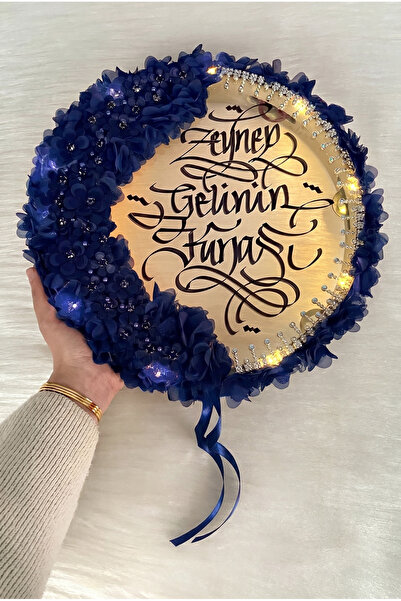 ZEYMERADE Lacivert Ledli Gelin Tefi 32cm, Lüx Aplik Çiçek Ve Parlak Taş Süsle...