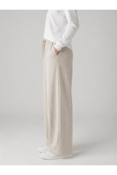 LEGS STAR Women's Cream Waist Lace-Up Pocketed Comfortable Fit Oysho Fabric Sweatpants Trousers