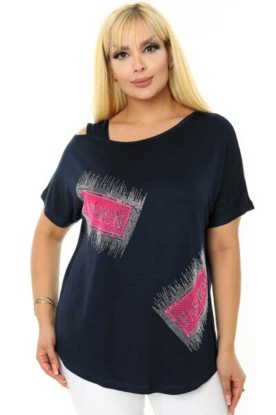 Kheos Βάρκα με στρογγυλό λαιμό παράθυρο πέτρα ώμου με εμπριμέ κοντό μανίκι νυ...