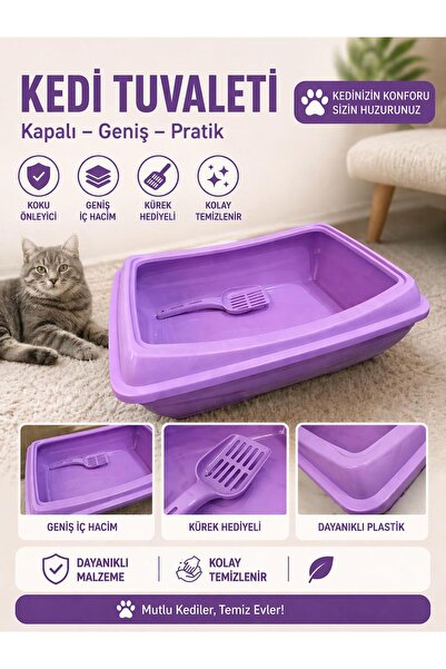 BOU PETSHOP Kürek Hediyeli Kedi Tuvaleti | Büyük Boy Geniş İç Hacim Kolay Tem...