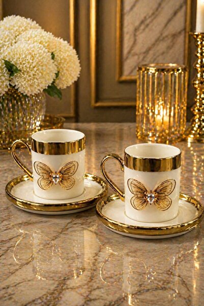 YzHome 2 Kişilik Beyaz Porselen Gold Kaplama Lüks Kahve Fincan Takımı Seti 100ml