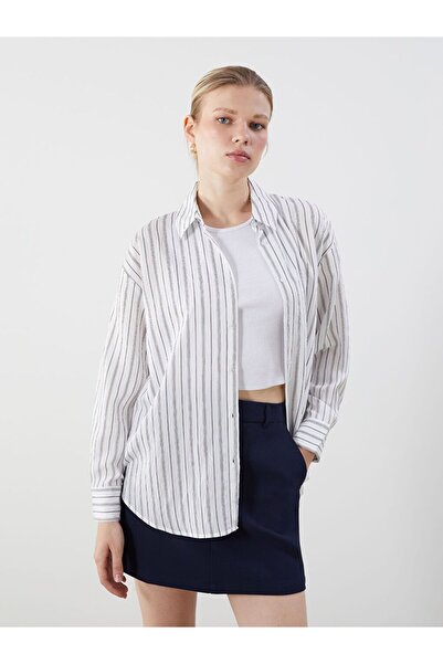 LC Waikiki Lcw Vision Ecru Striped Oversize Women's Shirt