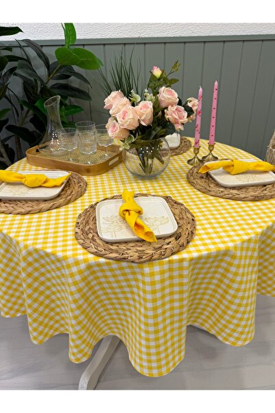 Decamor home Λινό ύφασμα Κίτρινο Ποτικάρε Στρογγυλό Τραπεζομάντιλο