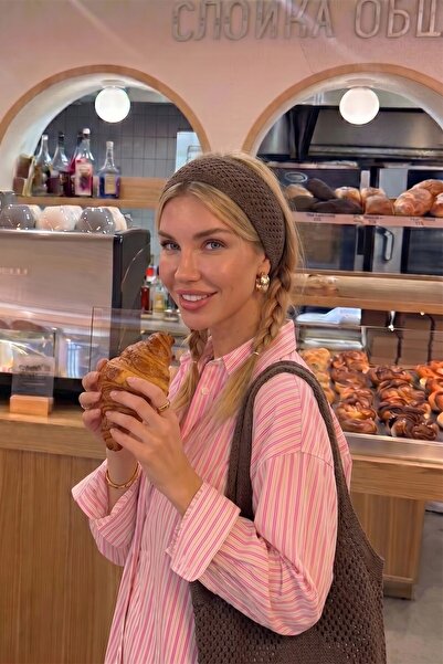 BAHELS Γυναικεία πλεκτή μπαντάνα από διχτυωτό ύφασμα σε χρώμα καφέ, κορδέλα μ...