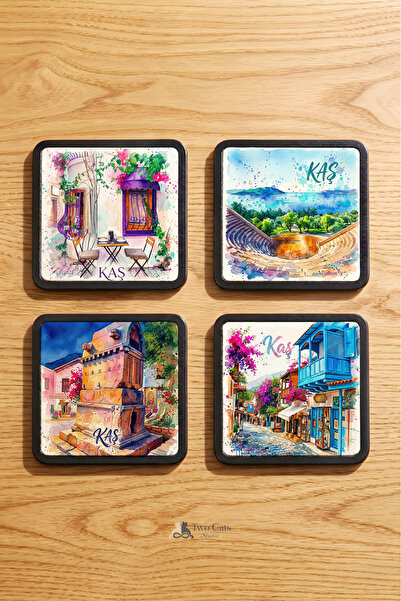 Antalya Kaş Tasarımlı Ahşap Bardak Altlığı 4'lü Takım - (9x9cm)