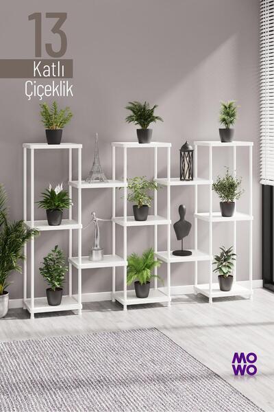 Mowo Home 13 Katlı Beyaz Çiçeklik Saksılık Dekoratif Saksı Standı Balkon Tera...