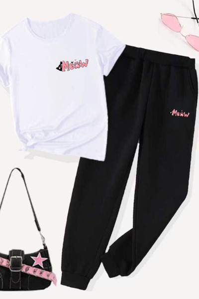 LAVİTTA Meow Printed Sweatpants and T-Shirt - Jogger T-Shirt Bottom Top Sweat...