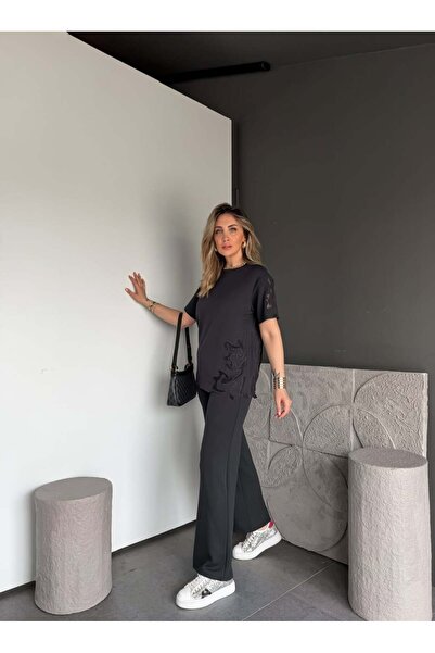 Zerrincan Giyim Antrasit Tek Yanı Nakışlı Modal Takım