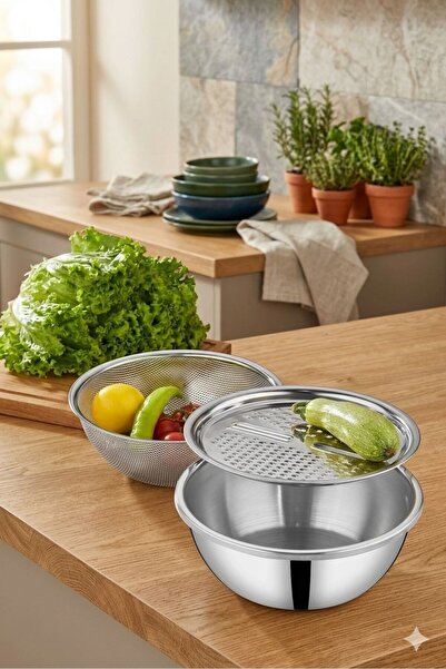 Hellomani Stainless Steel 3 Pieces Mixing Bowl with Grater and Strainer
