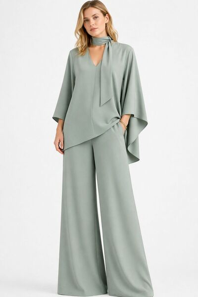 ALYEL NAKER Mobile Shawl Detailed Regular Blouse & Wide Leg Pants Crepe Set