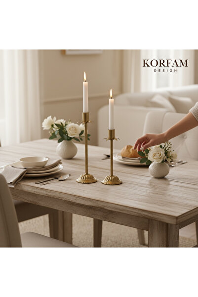 KorFam Dekoratif Pirinç Eskitme Gold 2'li Şamdan Mumluk Seti