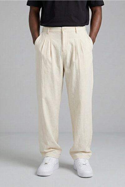 KHAYN Men's Baggy Raw Linen Fabric Pleated Buttoned Fabric Pants K2054