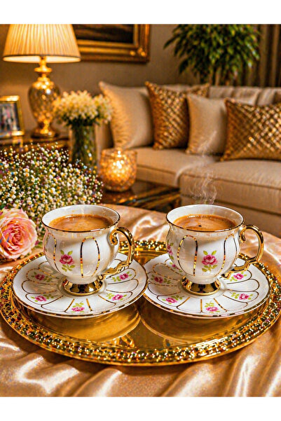 Kezze Golden Blossom 2'li Porselen Kahve Fincanı Seti- Desenli Tabaklı Türk K...