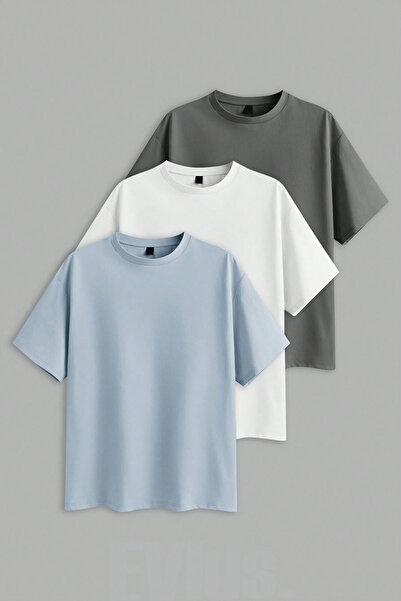 EVIus Σετ 3 τεμαχίων Oversize Basic T-Shirt από 100% βαμβάκι με λαιμόκοψη ποδ...