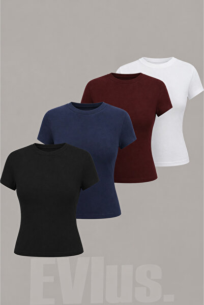 EVIus Γυναικείο Σετ Τεσσάρων Μπλουζών Basic Crew Neck σε Στενή Γραμμή