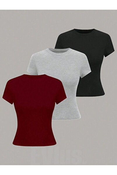 EVIus Γυναικείο Basic Crew Neck Slim Fit T-Shirt Σετ τριών τεμαχίων