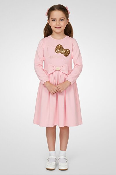 Hello Kitty فستان بأكمام طويلة مزين بالترتر للفتيات، باللون الوردي
