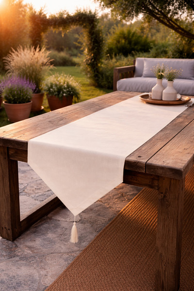 Econice Cream Color Duck Linen Decorative Runner 40 X 140 cm