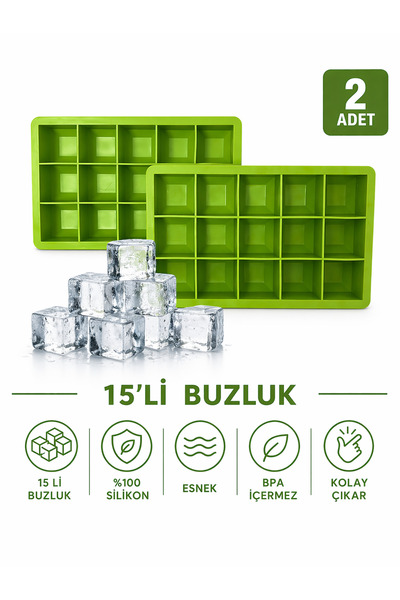 evolis kitchen 2 Adet 15 Bölmeli Büyük Boy Silikon Buz Kalıb-Kare Buzluk Kokt...