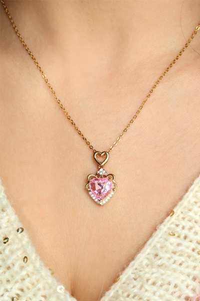 Nazellaa 316L Steel Gold Color Pink Zircon Stone Heart Model Women's Necklace