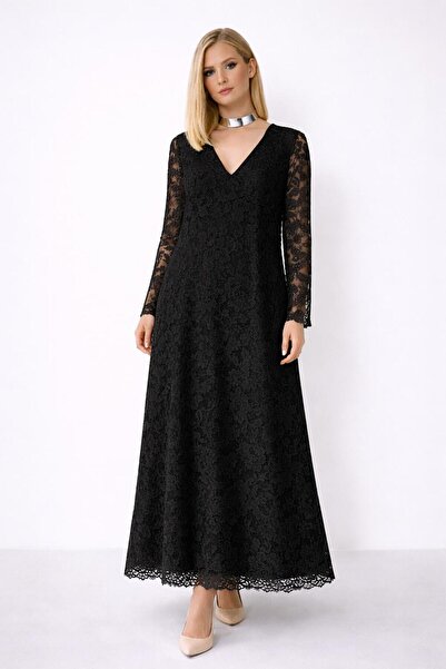 SERAVENZA COUTURE Maxi Boy Uzun Kollu Şık Dantel Elbise COU-110