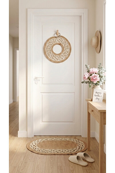 HomeTurko Διακοσμητικό ψάθινο σετ χαλάκι πόρτας με στεφάνι, χειροποίητο από γ...
