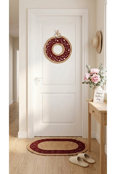 HomeTurko Διακοσμητικό ψάθινο σετ χαλάκι πόρτας με στεφάνι, χειροποίητο από γ...