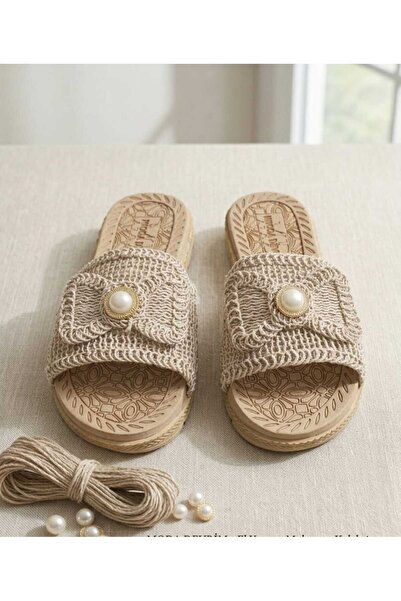 PAPUCUMUN DÜNYASI Ψάθινες πλεκτές γυναικείες παντόφλες, παντόφλες για το σπίτ...