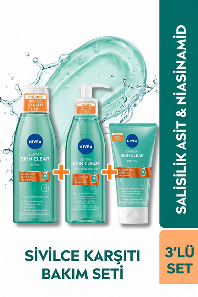 NIVEA Derma Skin Clear Bakim Seti Jel 150ml + Tonik 200ml + Peeling 150ml