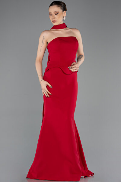 Abiyefon Kırmızı Straplez Peplum Kesim Uzun Abiye Elbise ABU5735